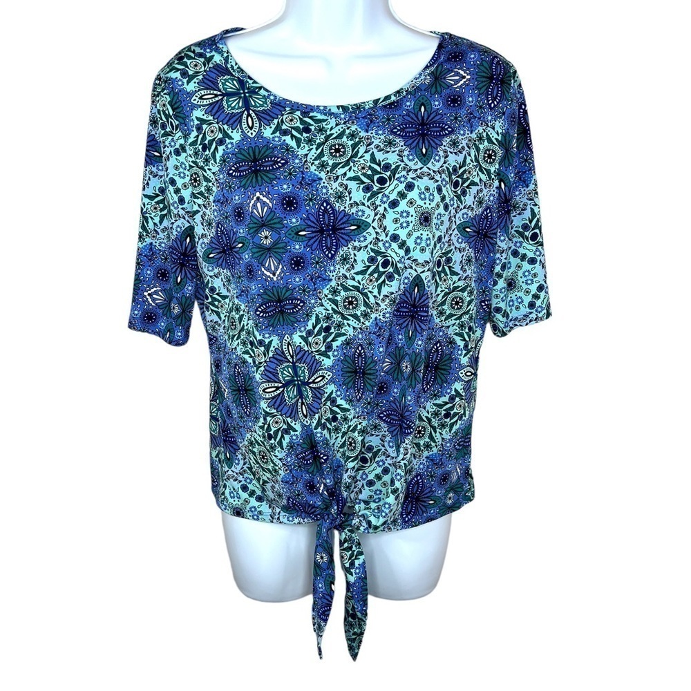 Small East 5th Blue Paisley Boho Short Sleeve Stretch Top Twist Tie Accent